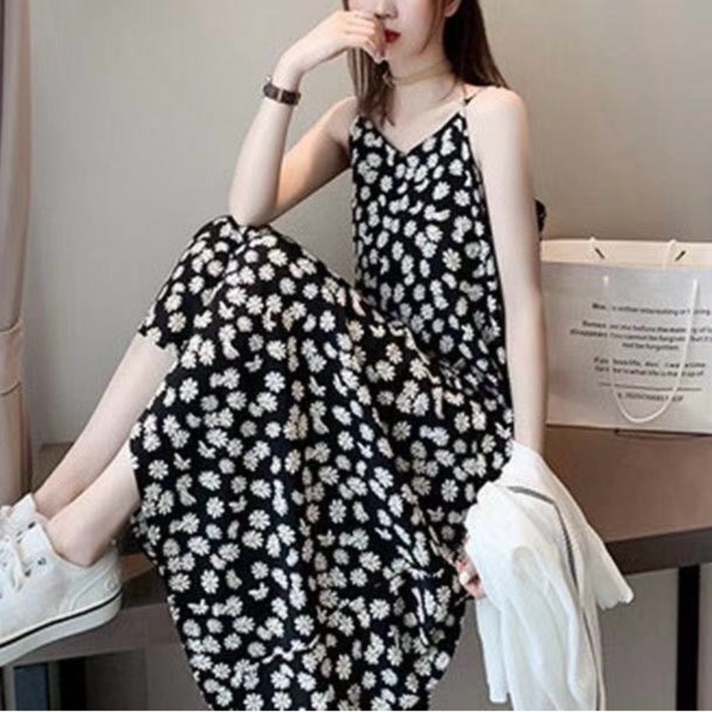 Black Floral Maxi Dress with White Daisy Print